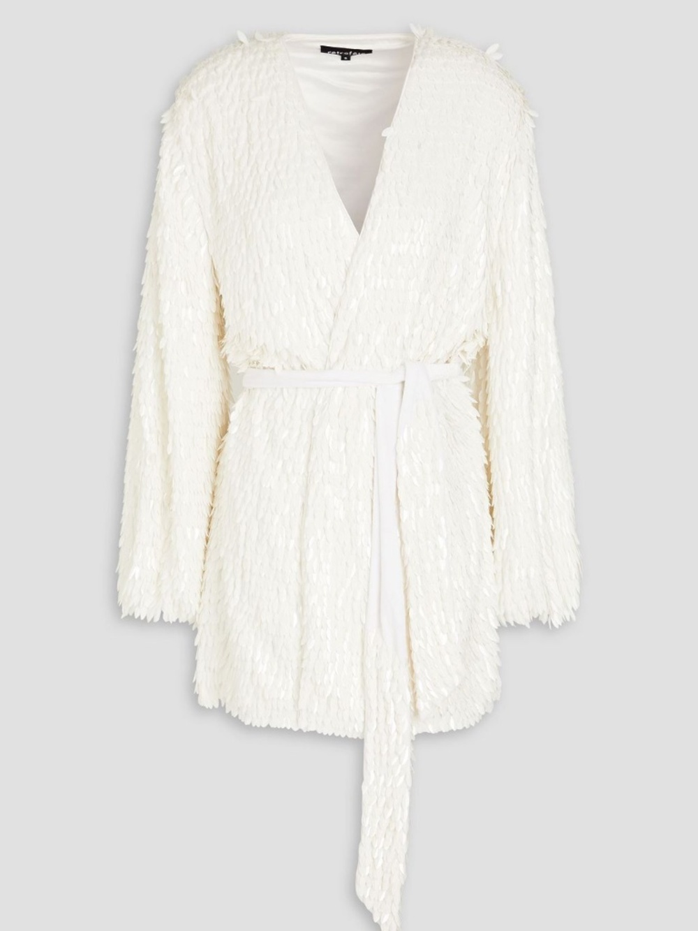 Retrofete Gabrielle Feather Sequin Bead White Belted Robe Wrap Party Mini Dress